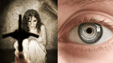 Imagem dividida: Uma menina possuída olhando para uma cruz com uma expressão aterrorizante, e na outra metade um olho com uma espiral representando a hipnose.